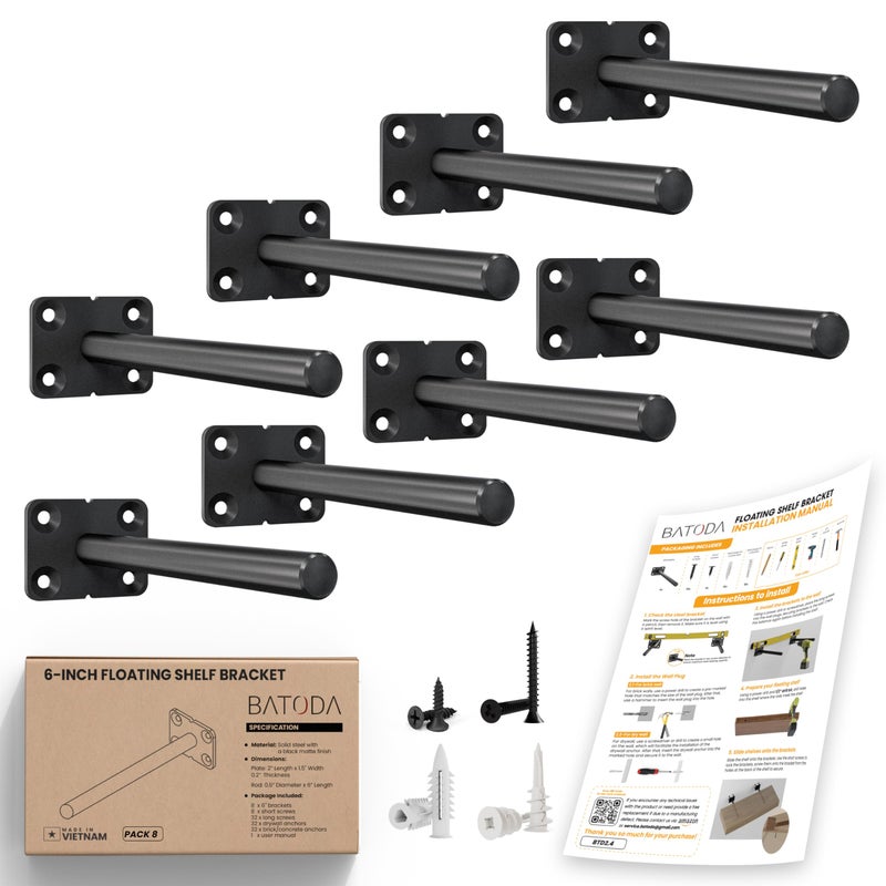 BATODA - 6" Floating Shelf Bracket (8 pcs) - Solid Steel Blind Shelf Supports - Hidden Brackets for Floating Wood Shelves - Blind Shelf Support â€“ Shelving Mounting Hardware Included (Pack 8) - Image 1